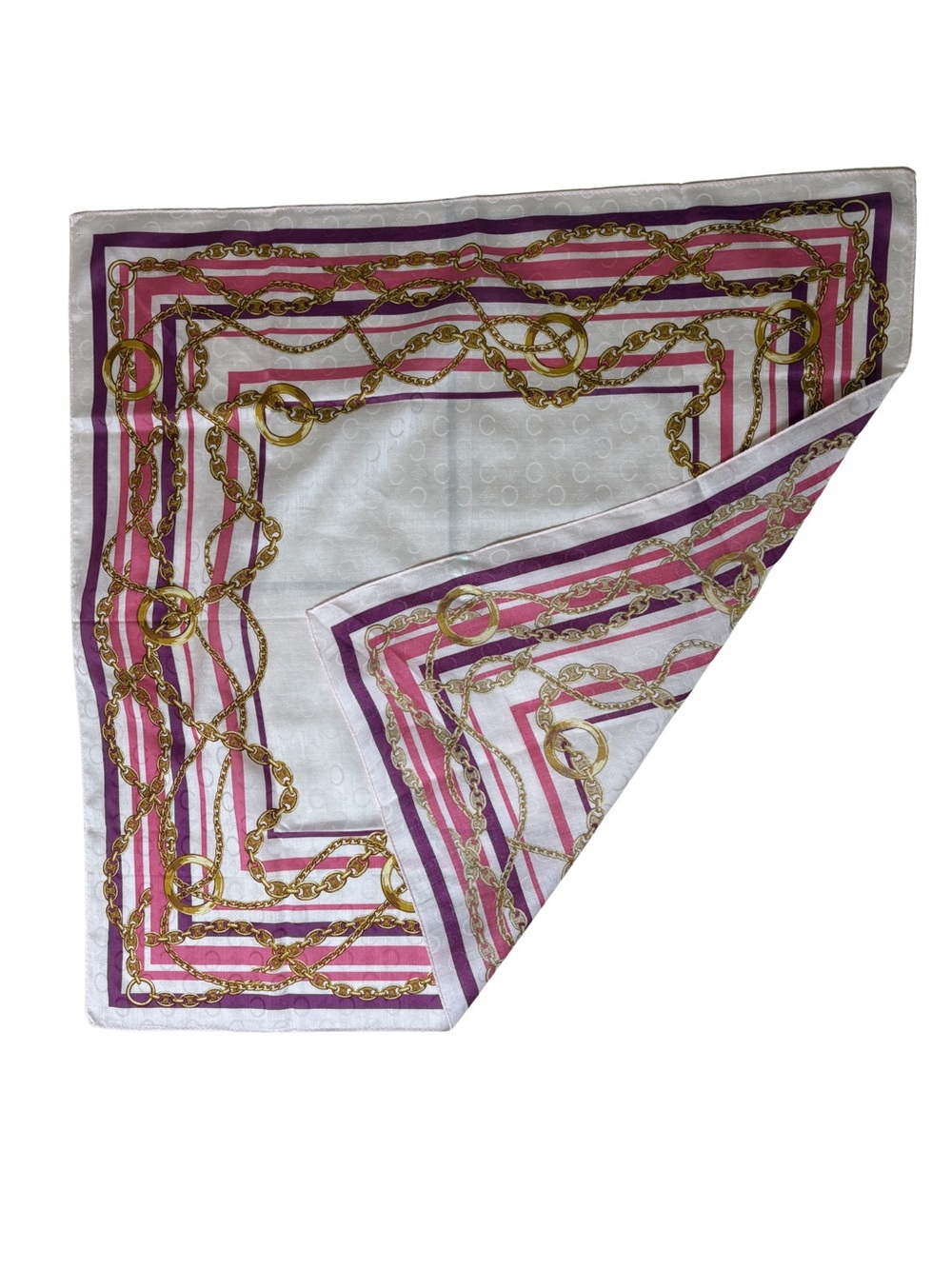Celine White Silk Scarf with Pink, Purple & Gold Chain Print